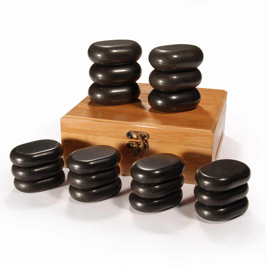 Master Massage 60 St Hot Stone Luxus Set Massagesteine Basalt mit 7 Chakra in Eleganter Bambuskiste