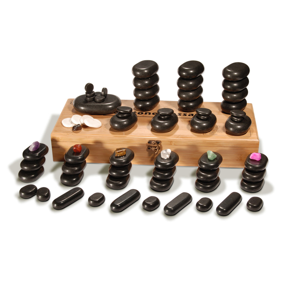 Master Massage 60 St Hot Stone Luxus Set Massagesteine Basalt mit 7 Chakra in Eleganter Bambuskiste