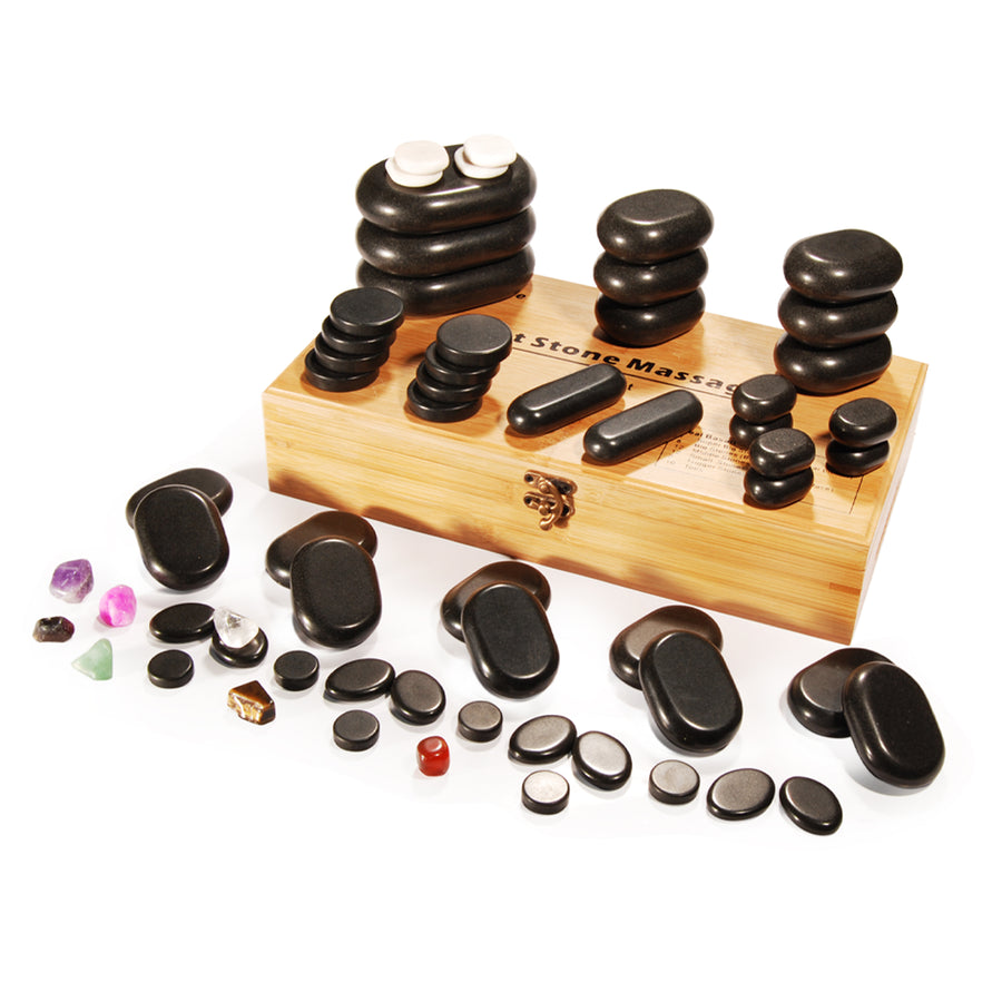Master Massage 40 St Hot Stone Set Massagesteine Basaltstein mit Eleganter Bambuskiste
