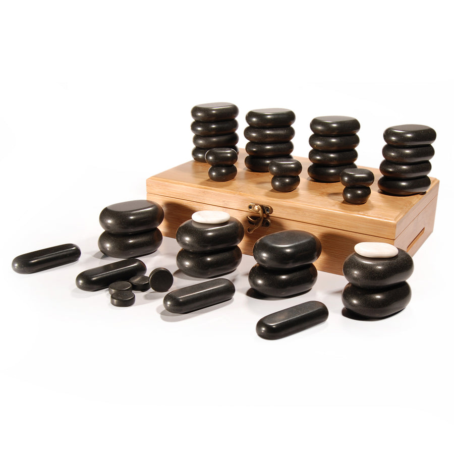 Master Massage 60 St Hot Stone Luxus Set Massagesteine Basalt mit 7 Chakra in Eleganter Bambuskiste