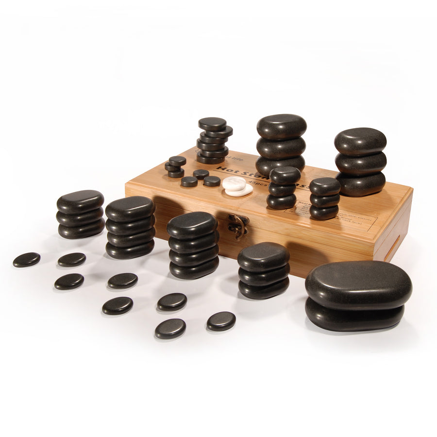 Master Massage 40 St Hot Stone Set Massagesteine Basaltstein mit Eleganter Bambuskiste