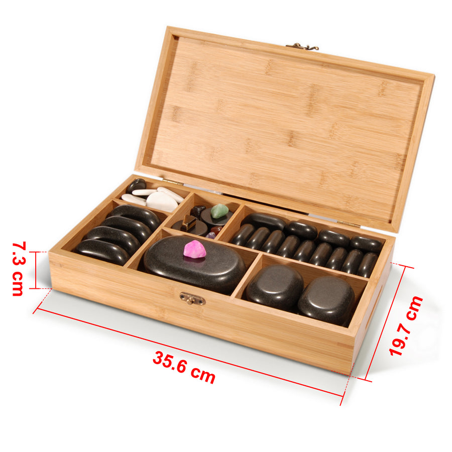 Master Massage 70 St Hot Stone Luxus Set Massagesteine Basalt mit 7 Chakra in Eleganter Bambuskiste