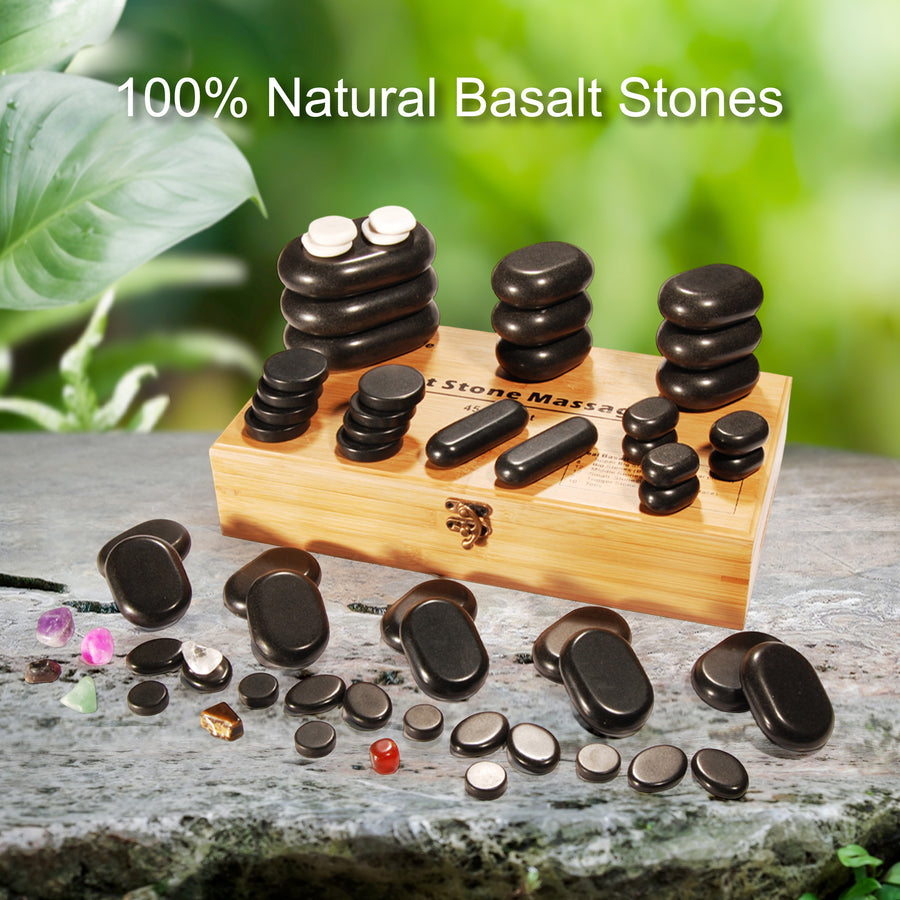 Master Massage 60 St Hot Stone Luxus Set Massagesteine Basalt mit 7 Chakra in Eleganter Bambuskiste