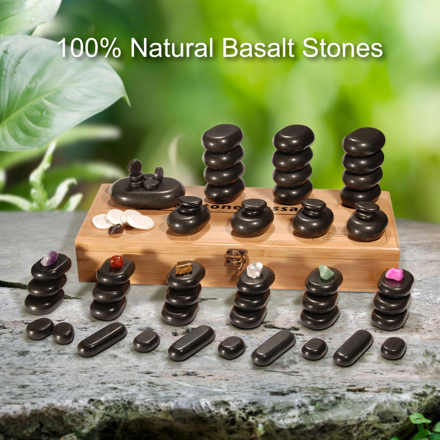 Master Massage 70 St Hot Stone Luxus Set Massagesteine Basalt mit 7 Chakra in Eleganter Bambuskiste