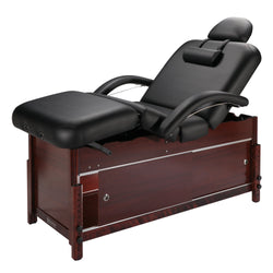 Master Massage 76cm Cabrillo Stationärer Massagetisch Spa Salon Schönheitsbett mit Schrank, pneumatischer Rückenlehne und Beinstütze, Schwarz mit Walnussbeinen